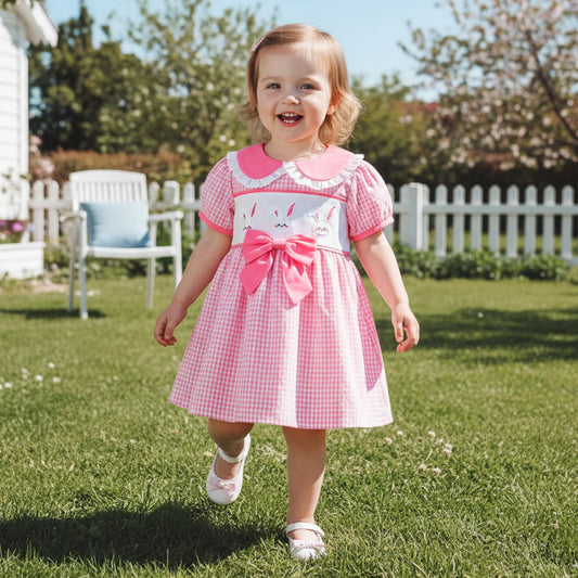 Toddler Girls Plaid Dress - Doll Collar with Rabbit Embroidery (1-4Y)