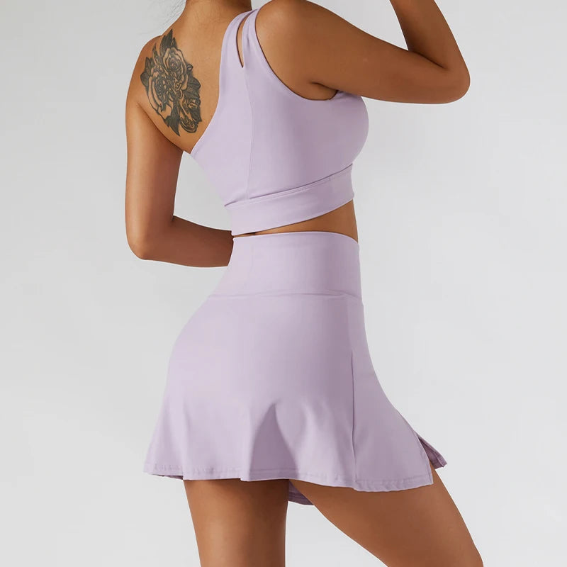 Women’s 2pc Sports Skirt Suit Outdoor Leisure Single Shoulder Bra Suit Quick Drying Tennis Set Yoga workout Skirt Set
