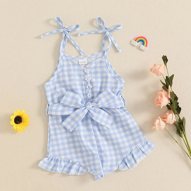 1-5Y Kids Girls Summer Jumpsuit Plaid Print Sleeveless Button Up Ruffle Trim Overalls with Belt