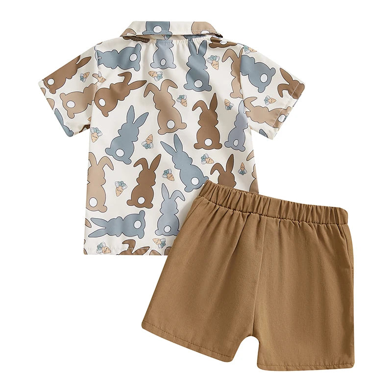 0-4Y Kids Boys Easter Gentleman Clothes Set Bunny Print Short Sleeve Button-up Bow Tie Shirt Elastic Shorts