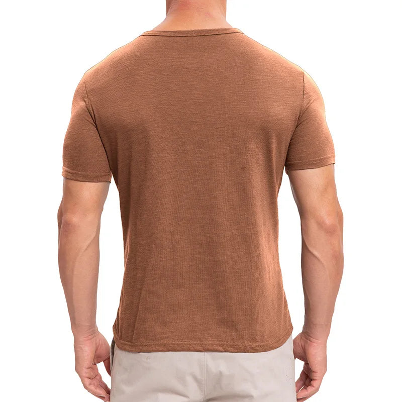 Men's Summer Henry Collar Short Sleeve Casual Pullover T-Shirt