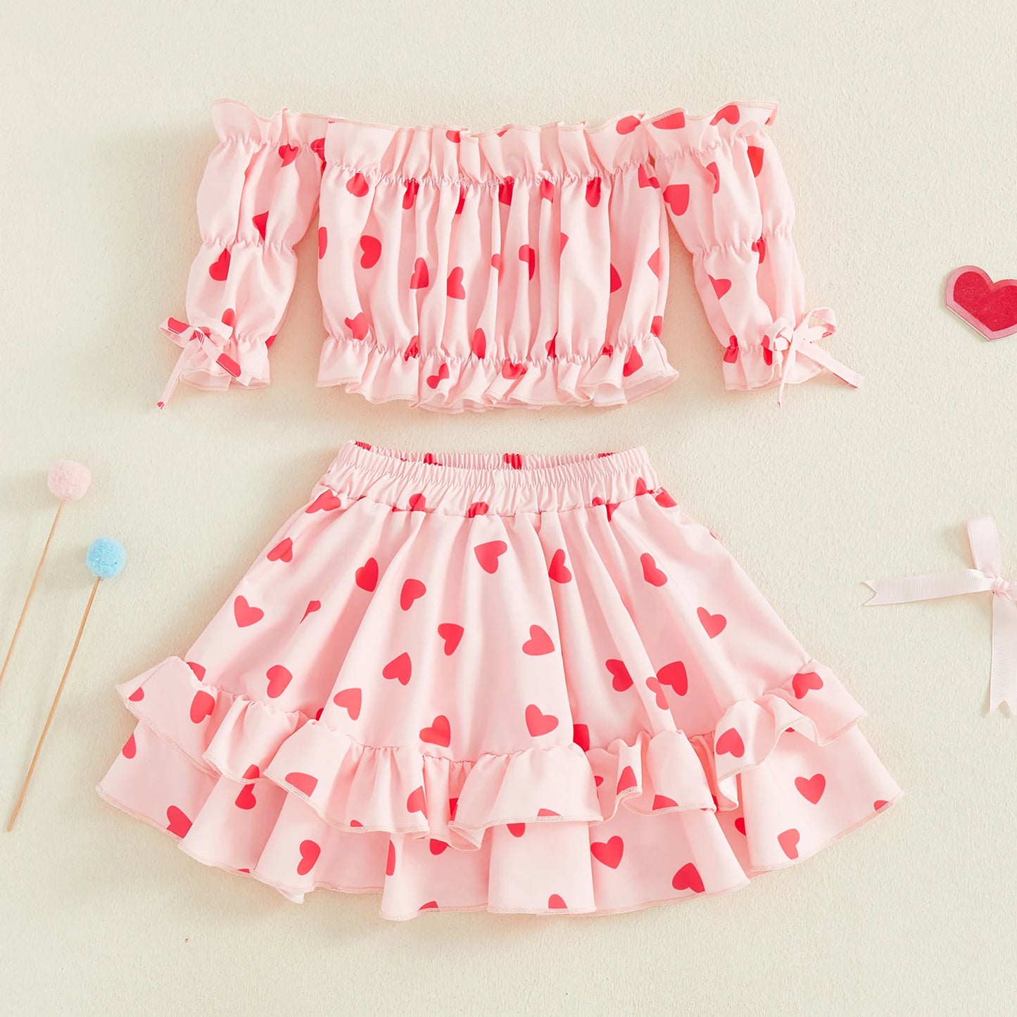 Valentine's Day Girls Outfit Set - Heart Print Off Shoulder Top & A-Line Skirt