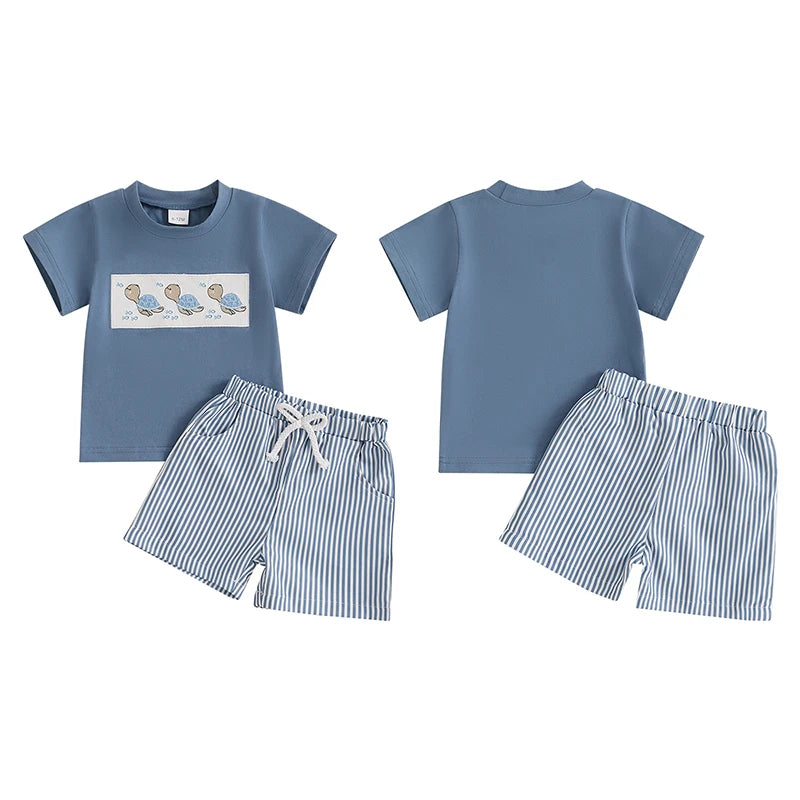 Baby Boys' Casual Outfit Set - Animal Embroidery Short Sleeve T-Shirt & Striped Shorts 2pcs