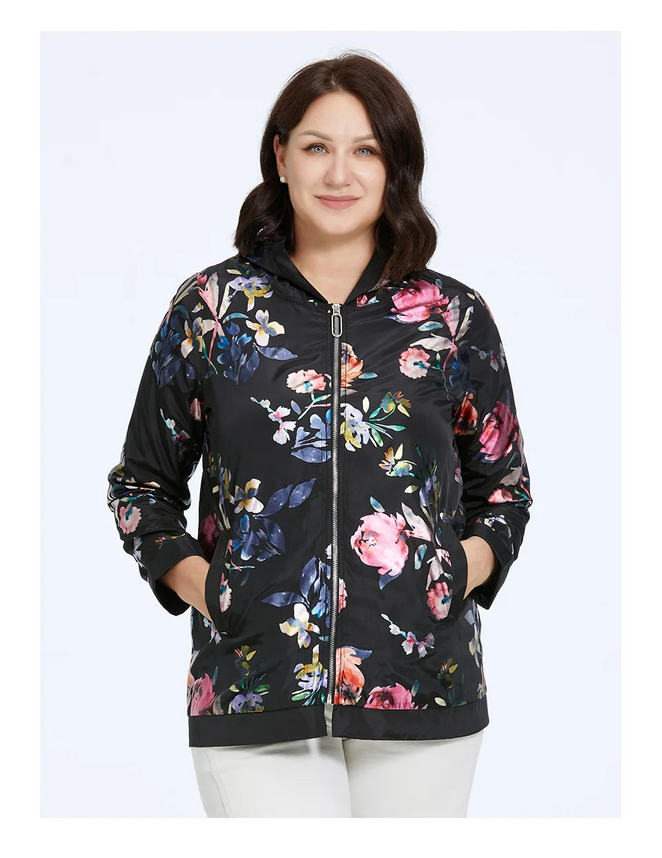 Women's Oversized Hooded Flower Print Zip Windbreaker Jacket