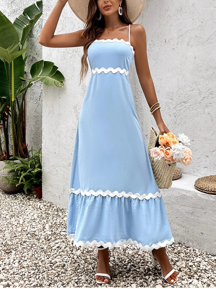 Elegant Ice Silk Spaghetti Strap Maxi Dress Round Neck Sleeveless Flower Trim A-Line Dress