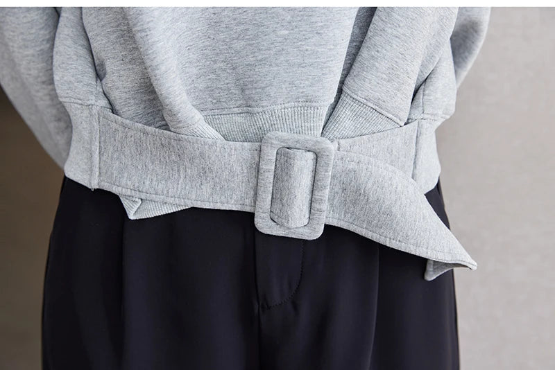 Women Plain Long Sleeve Belt Waist Loose Casual Oversize Pullover Jumper Sweatshirt