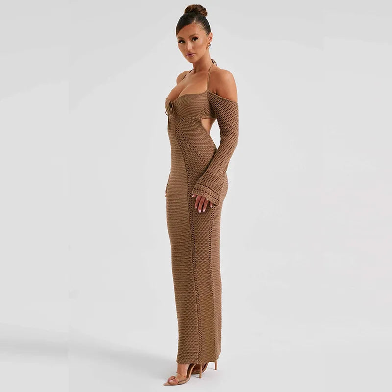 Women's Off Shoulder Halter Knit Dress - Long Sleeve Elegant Backless Tie Front Maxi Dress