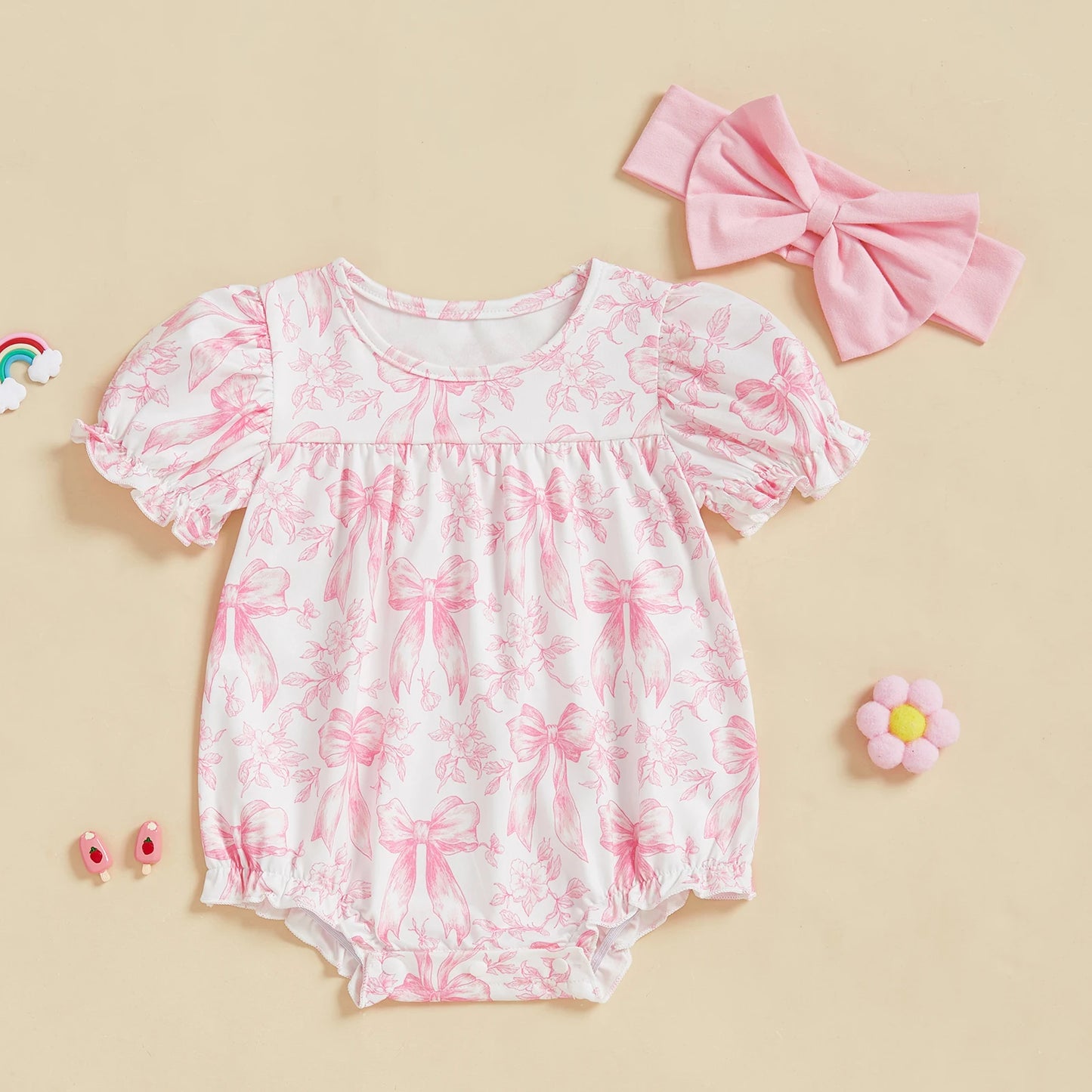 Baby Girls Bow Print Romper with Headband Set (0-18M)