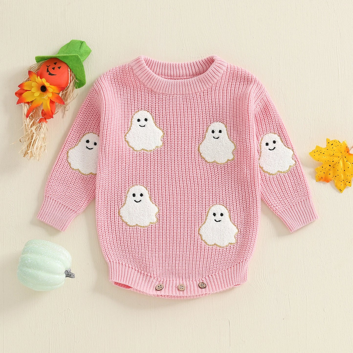 Baby Halloween Sweater Romper - Ghost Embroidery Crewneck Long Sleeve