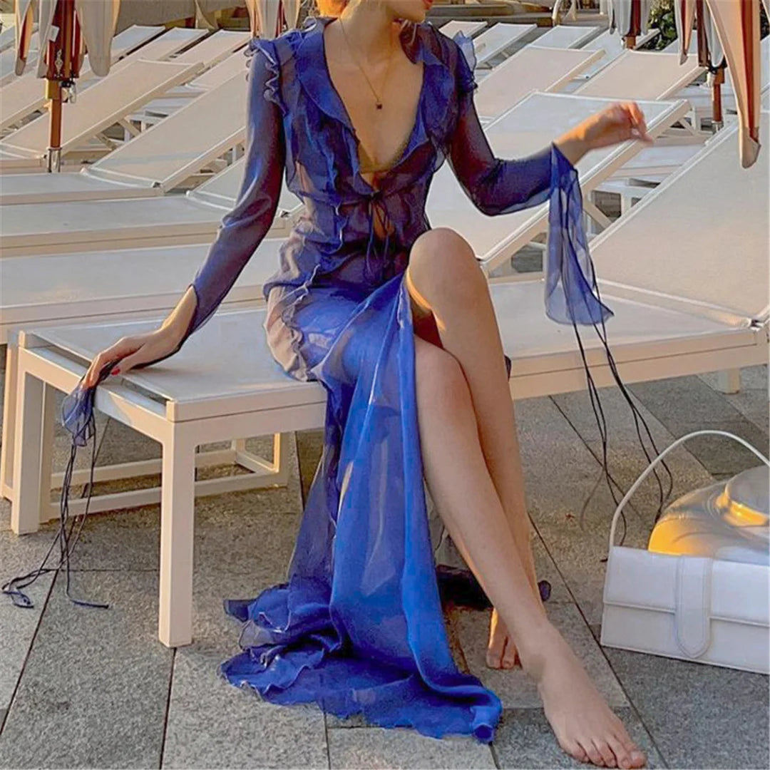 Women's Deep V-Neck High Split Ruffle Beach Cover-Up Maxi Dress
