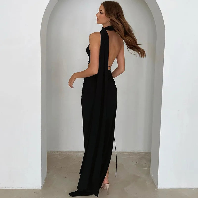 Women's Cut Out Backless Maxi Dress - Sleeveless Halter Asymmetrical Slit Dress