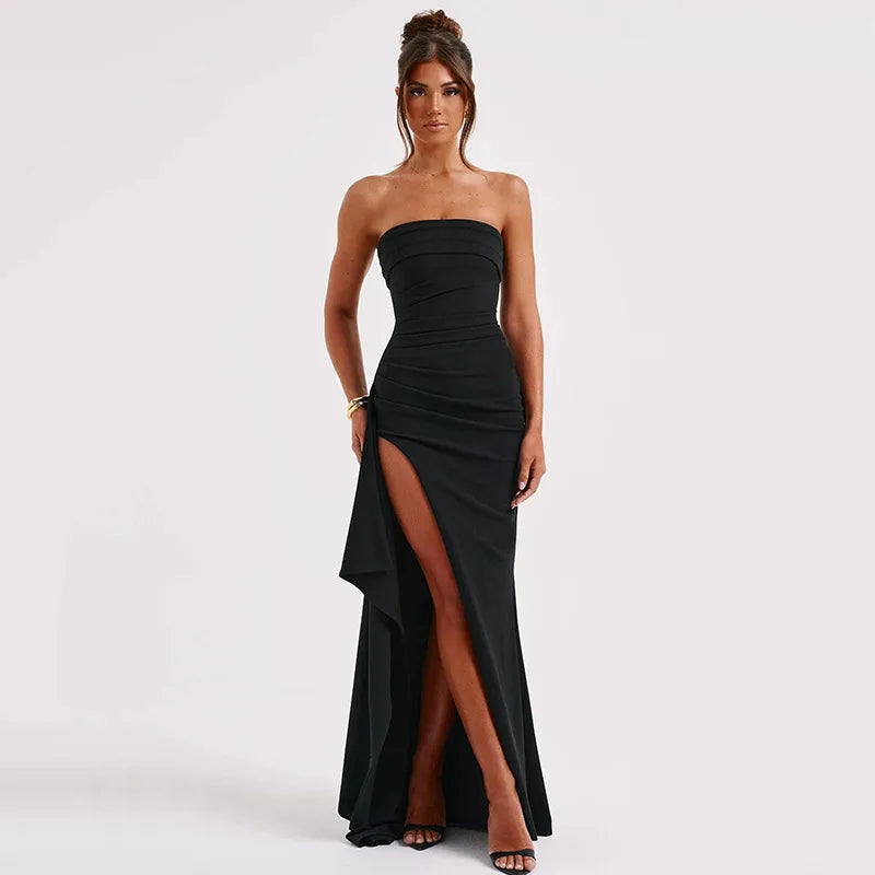 Off Shoulder Elegant High Rise Split Maxi Dress - Women Strapless Evening Dress Ruched Gown