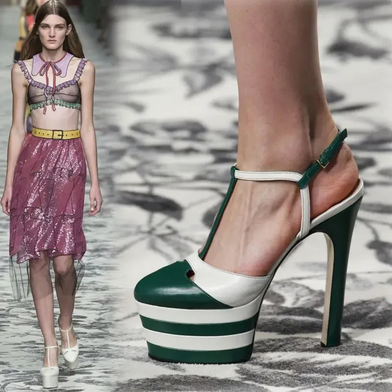 Women's Leather Platform Sandals - Wedge Heel Rivet T-Strap Sandals