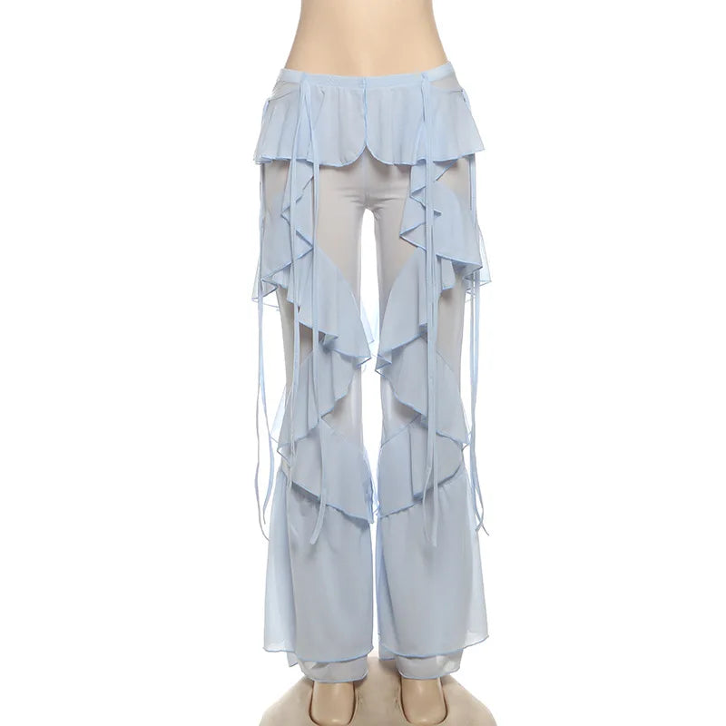 Women's Ruffled Tie Detail Flared Pants - Mesh Sheer Stretch Trousers