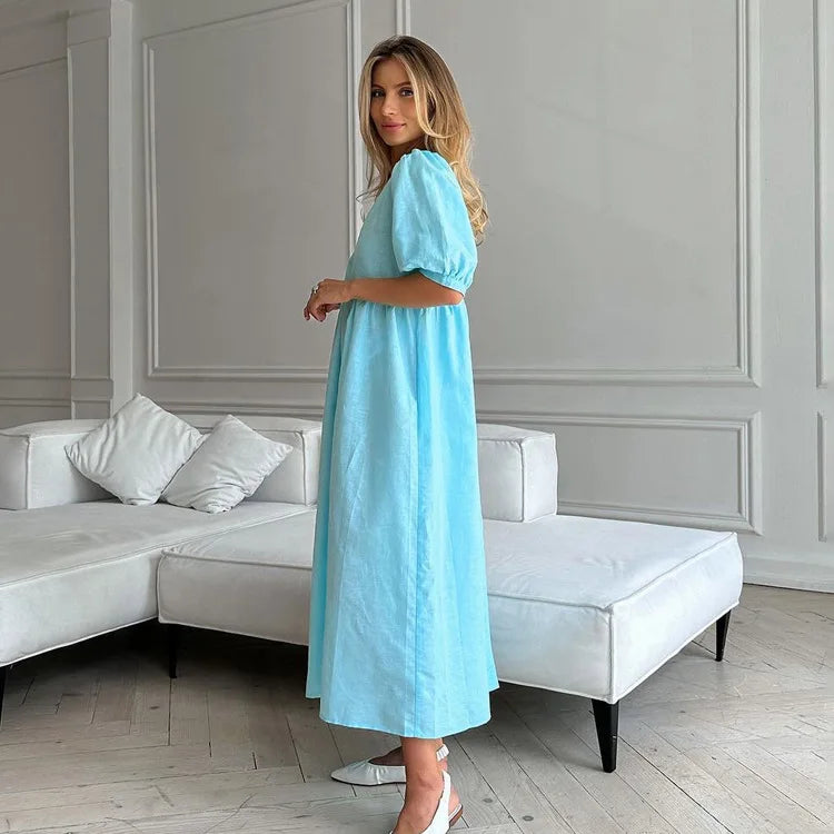 Women's  V-Neck Puff Sleeve Blue Dress- High Waisted Long  Dress