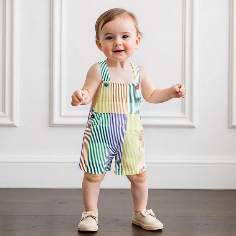 0-4Y Toddler Kids Boys Girls Overalls Shorts Loose Fit Striped Print Contrast Infant Jumpsuit