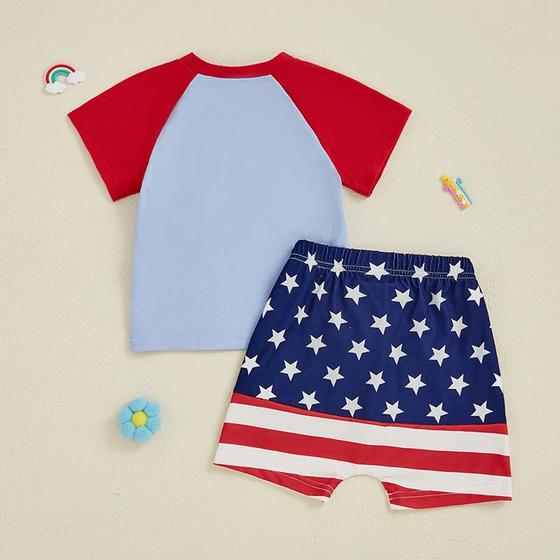 0-4Y American Flag Baby Boys Clothes Sets Tractor Embroidery Patchwork Short Sleeves T-Shirt Star Stripe Shorts