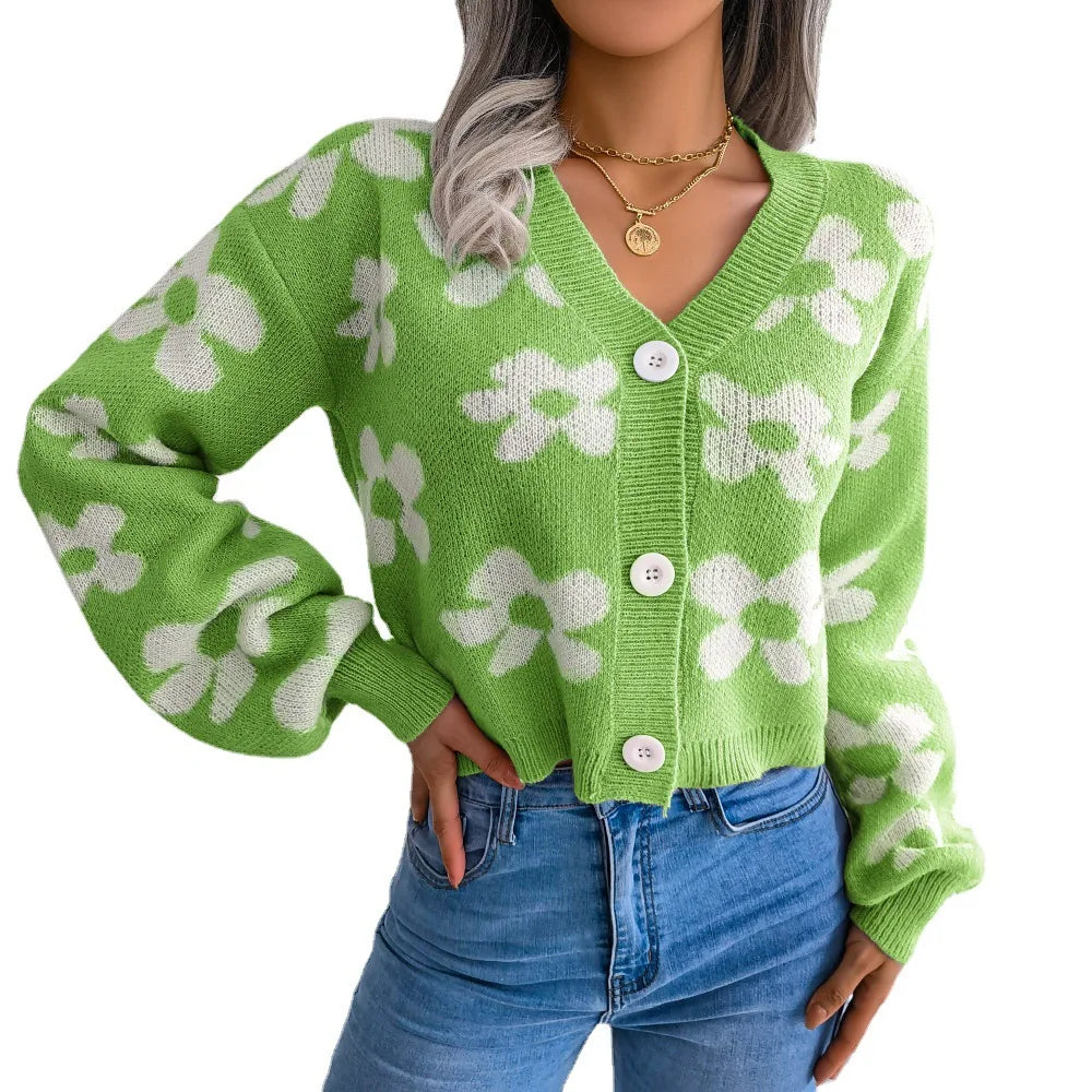 Women's Knitted Cardigan V Neck Single Breasted Sweater Flower Lantern Sleeve Jumper