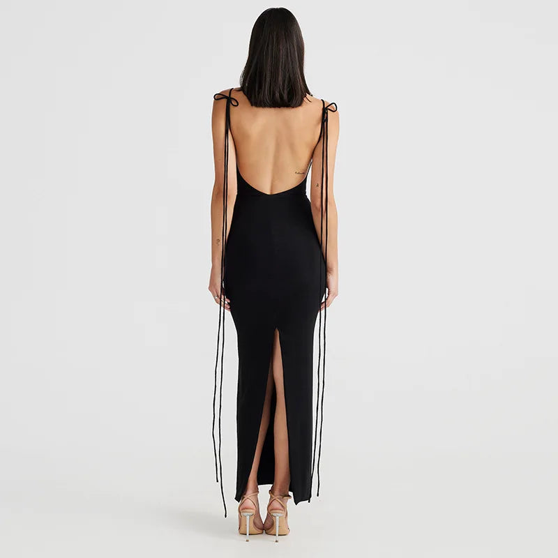 Women's Halter Backless Ruched Maxi Dress - Women Tie Detail Sleeveless Split Bodycon Dress