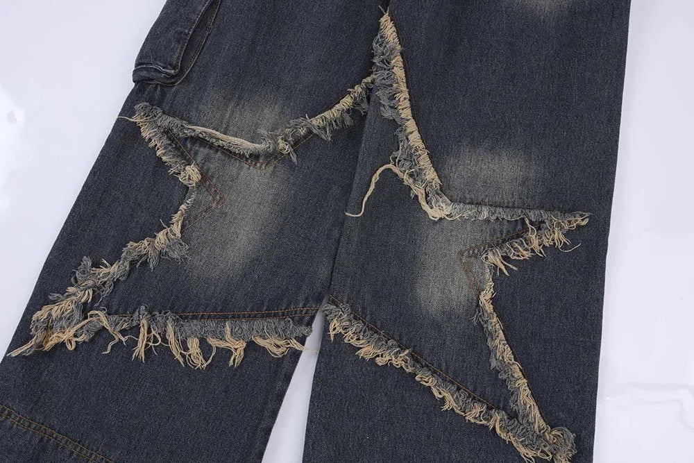 Men's Vintage Baggy Jeans Star Patchwork Loose Straight Denim Jeans