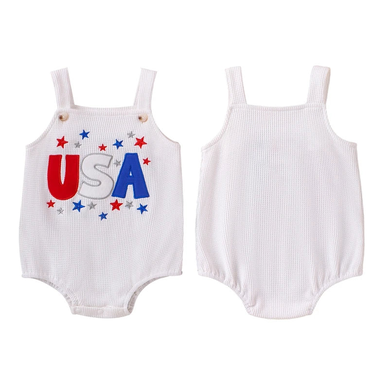 0-18M Baby Waffle Romper Sleeveless Letter Star Embroidery Square Neck USA Print Jumpsuits