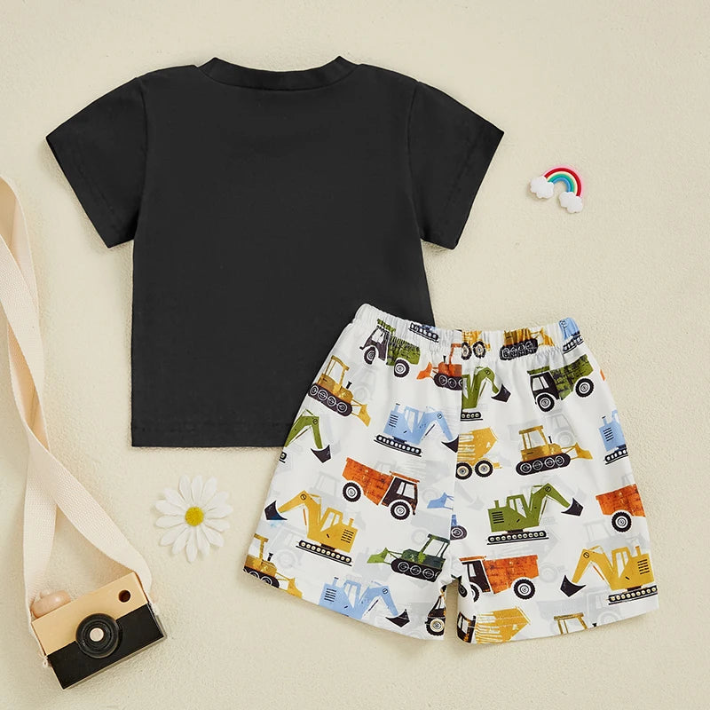 0-4Y Kids Boys Clothes Set Short Sleeve Excavators Print Pocket T Shirts Tops and Shorts Set