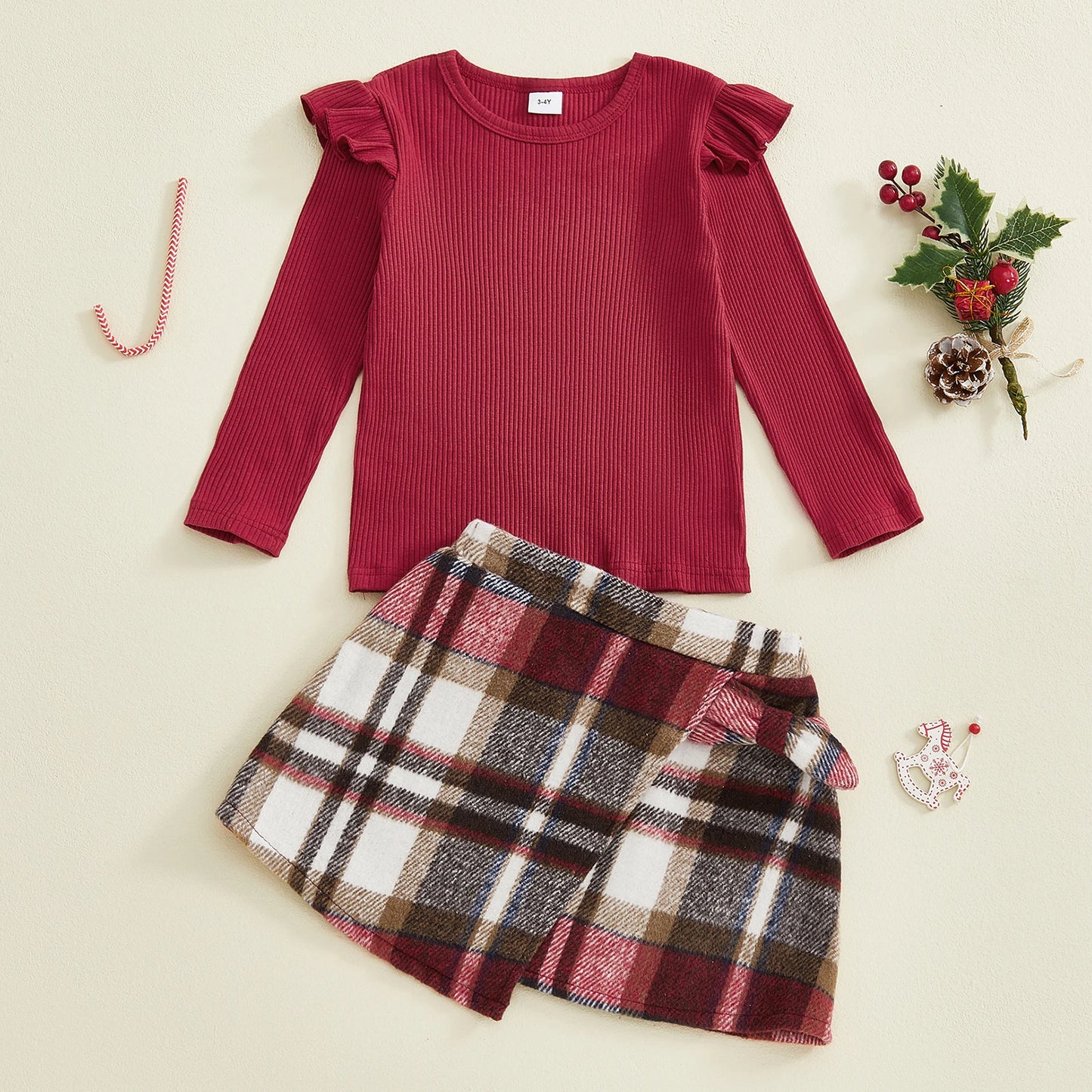 Toddler Girls Spring Outfit Set - Ruffle Ribbed Top & Plaid Skirt (1-5Y)