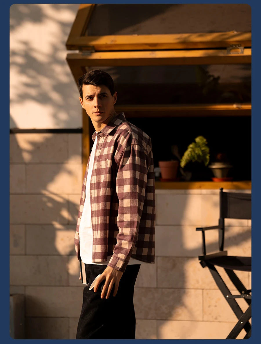 Men's Loose Plaid 8oz Washed Vintage Fabric Casual Check Shirt