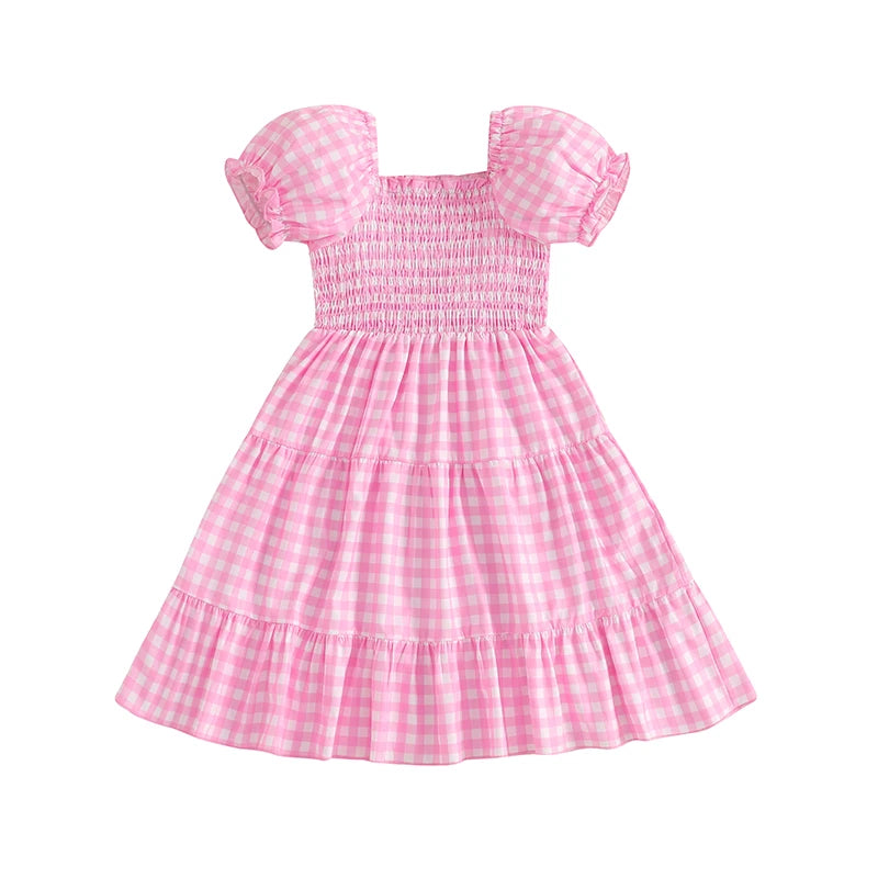 4-6Y Kids Girl's Summer Dress Plaid Print Short Puff Sleeve Square Neck Tiered A-Line Dress