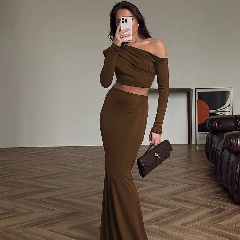 Women's Elegant Ruched 2 Piece Dress Set - Asymmetrical Top & Maxi Skirt