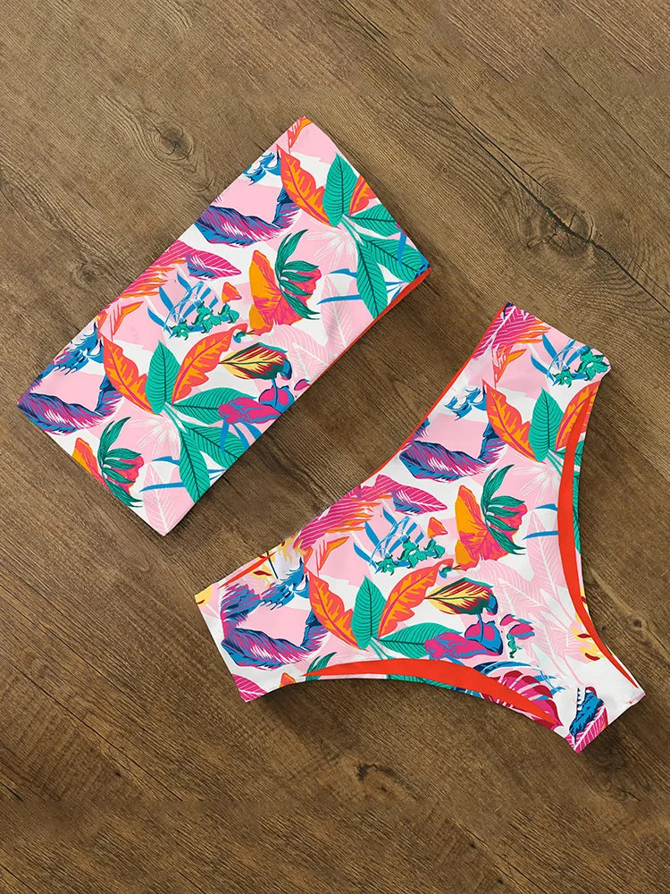 High Waist Bikini Set - Cross Back Bandeau Swimsuit with Print