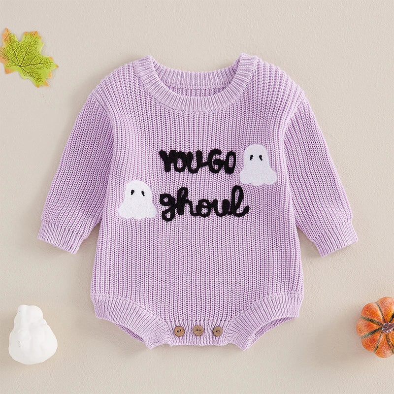 0-12M Baby Girls Boys Halloween Sweater - Romper Letter Ghost Embroidery Crew Neck Long Sleeve Jumpsuit