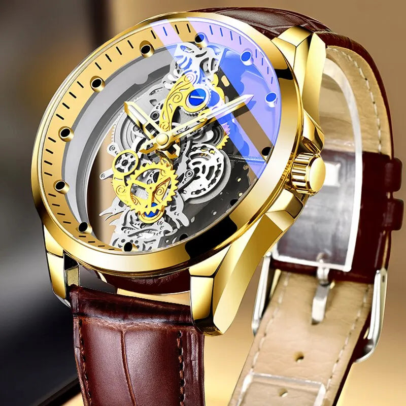 Gold Luxury Watch Men Hollow Creative Leather Man Wristwatch Waterproof Sliver Business Stainless Steel Bracelet Erkek Kol Saati