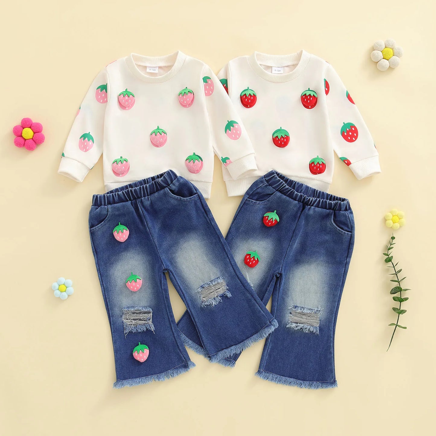 Kids Girls Fall Winter Clothes Set - 3D Strawberry Long Sleeve Pullover Top & Ripped Denim Flare Pants