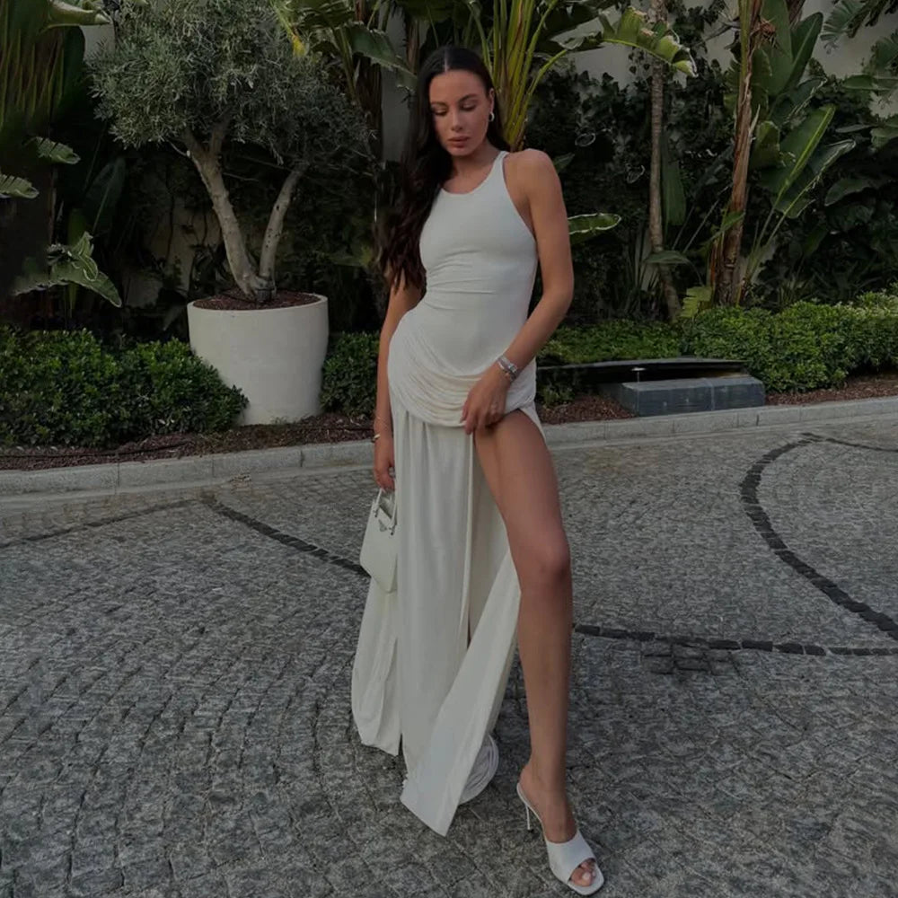 Women's Ruched Split Maxi Dress - Elegant Sleeveless Evening Gown