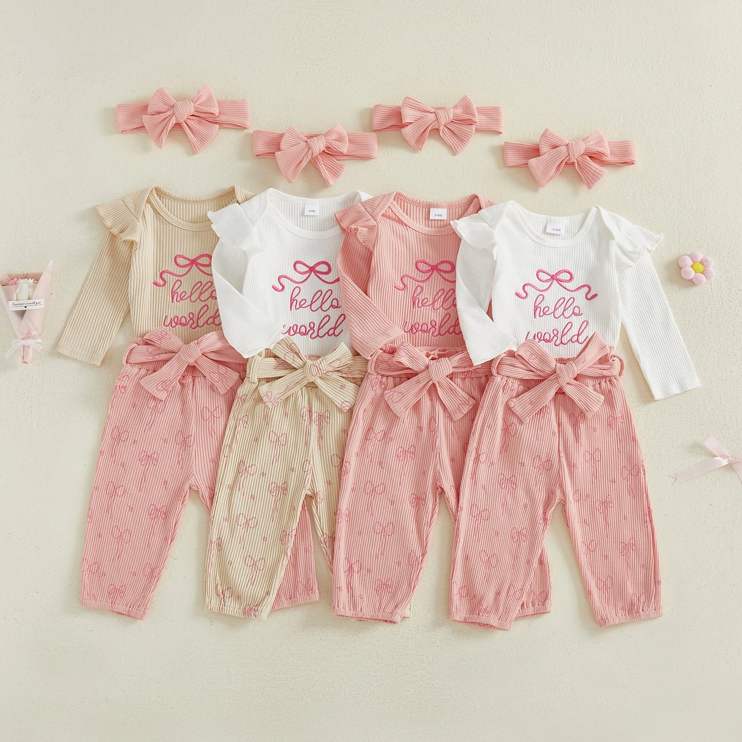 Newborn Baby 4-Piece Outfit Set - Long Sleeve Romper, Pants, Belt & Headband