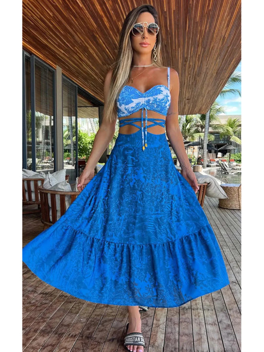 Women's Printed Strapless Bra Top & A-Line Maxi Skirt Three-Piece Beach Set