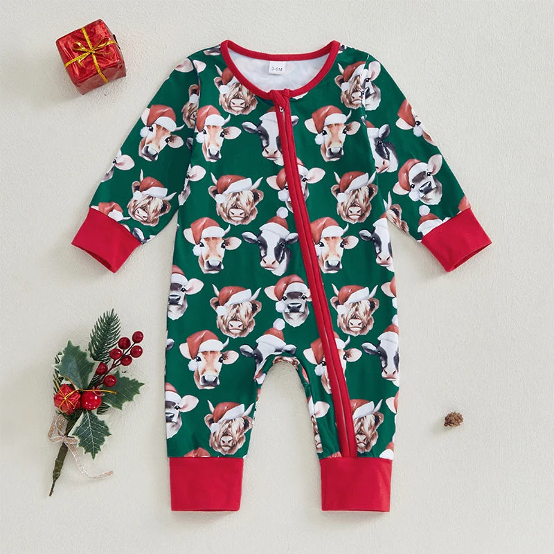 0-12M Baby Girls Boys Christmas Rompers Cow Print Long Sleeve Zipper Jumpsuits