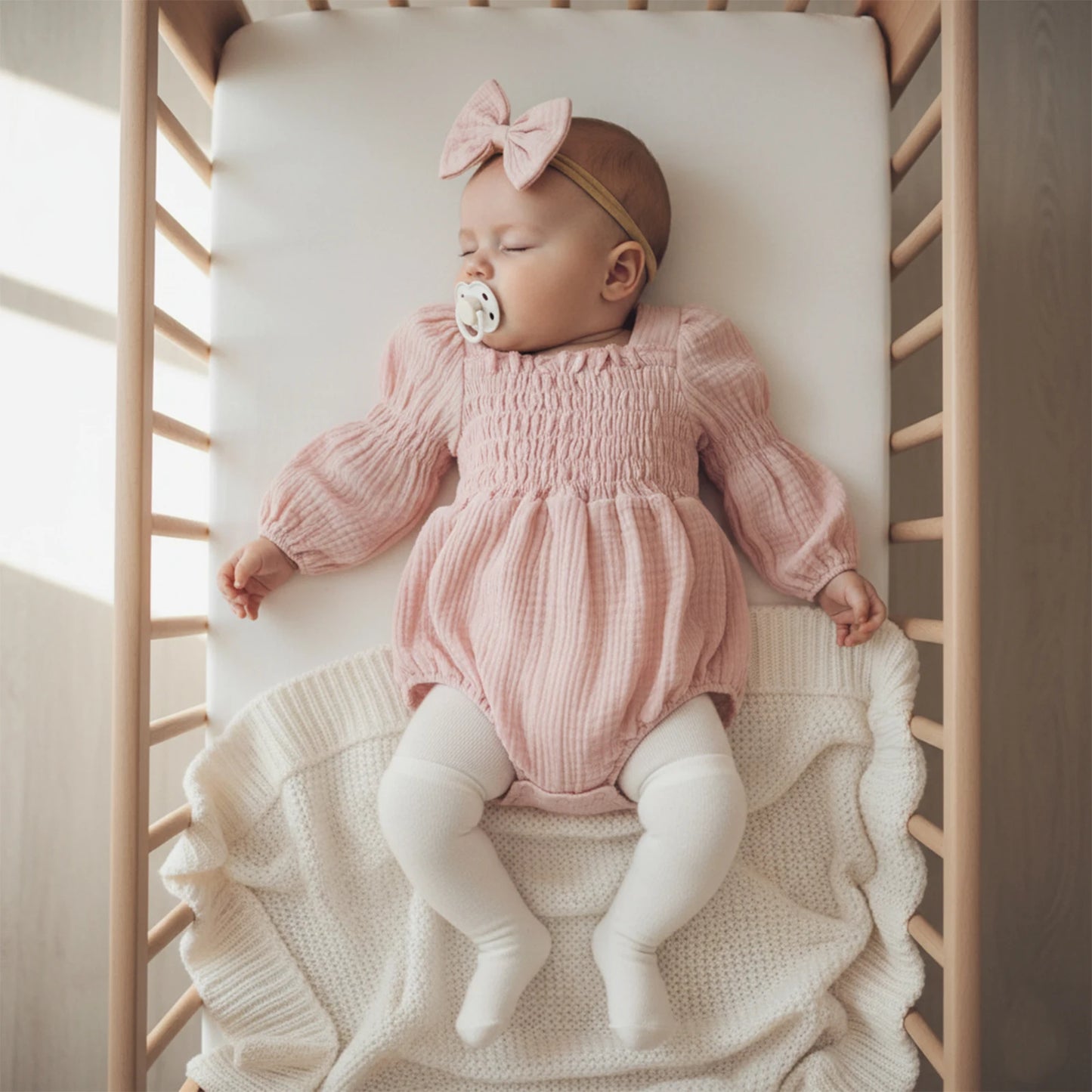 Baby Romper Set - Long Sleeve Smocked Jumpsuit with Headband