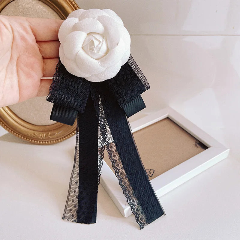 Vintage Camellia Flower Brooch with Lace Bow Tie