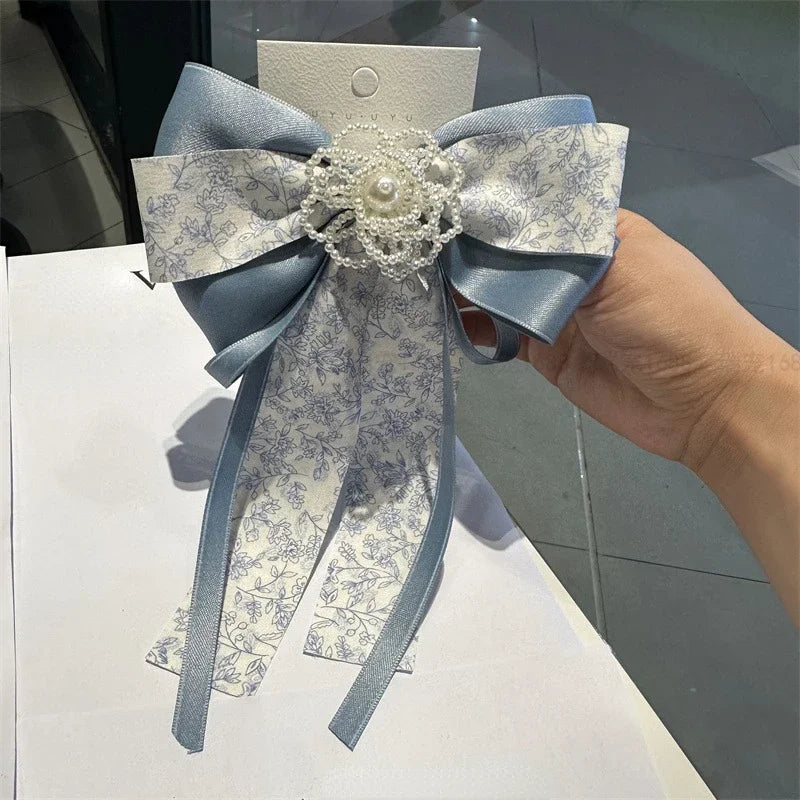 Handmade Fabric Bow Brooch with Pearl Flower Detail