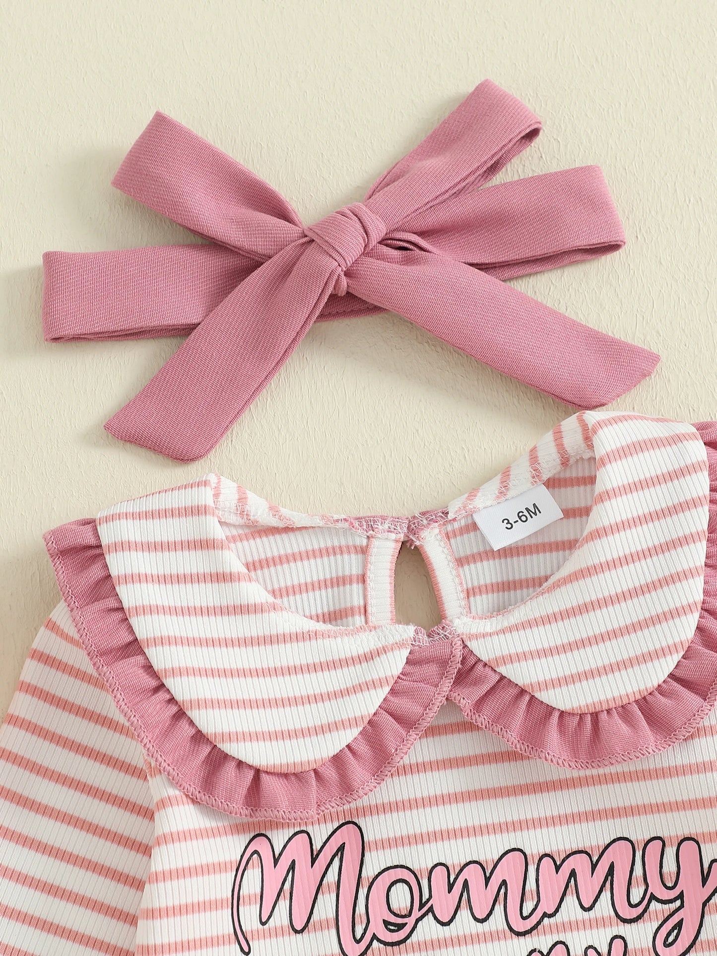 Baby Girls Striped Outfit Set - 3-Piece Long Sleeve Doll Collar Jumpsuit, Flared Pants & Headband (0-18M)
