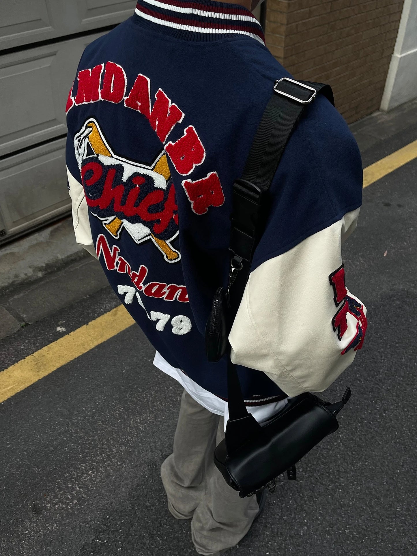 Men's Vintage Flocked Embroidery Patchwork Varsity PU Leather Sleeve Baseball Jacket