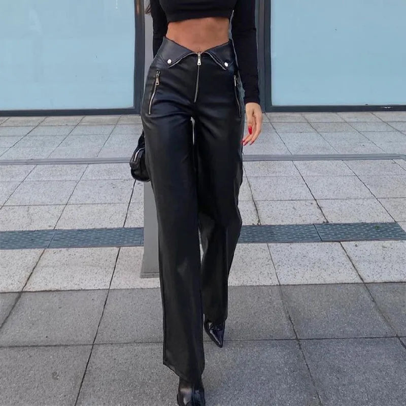 Women's PU Leather Zip Up High Rise Chic Straight Leg Trousers