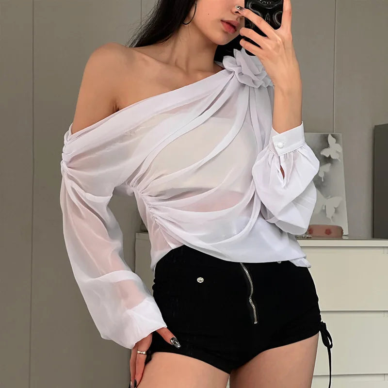 Women's Folds Flower Cover Up Mesh Sheer Long Sleeve Oversized  See Through Cover-up Shirt