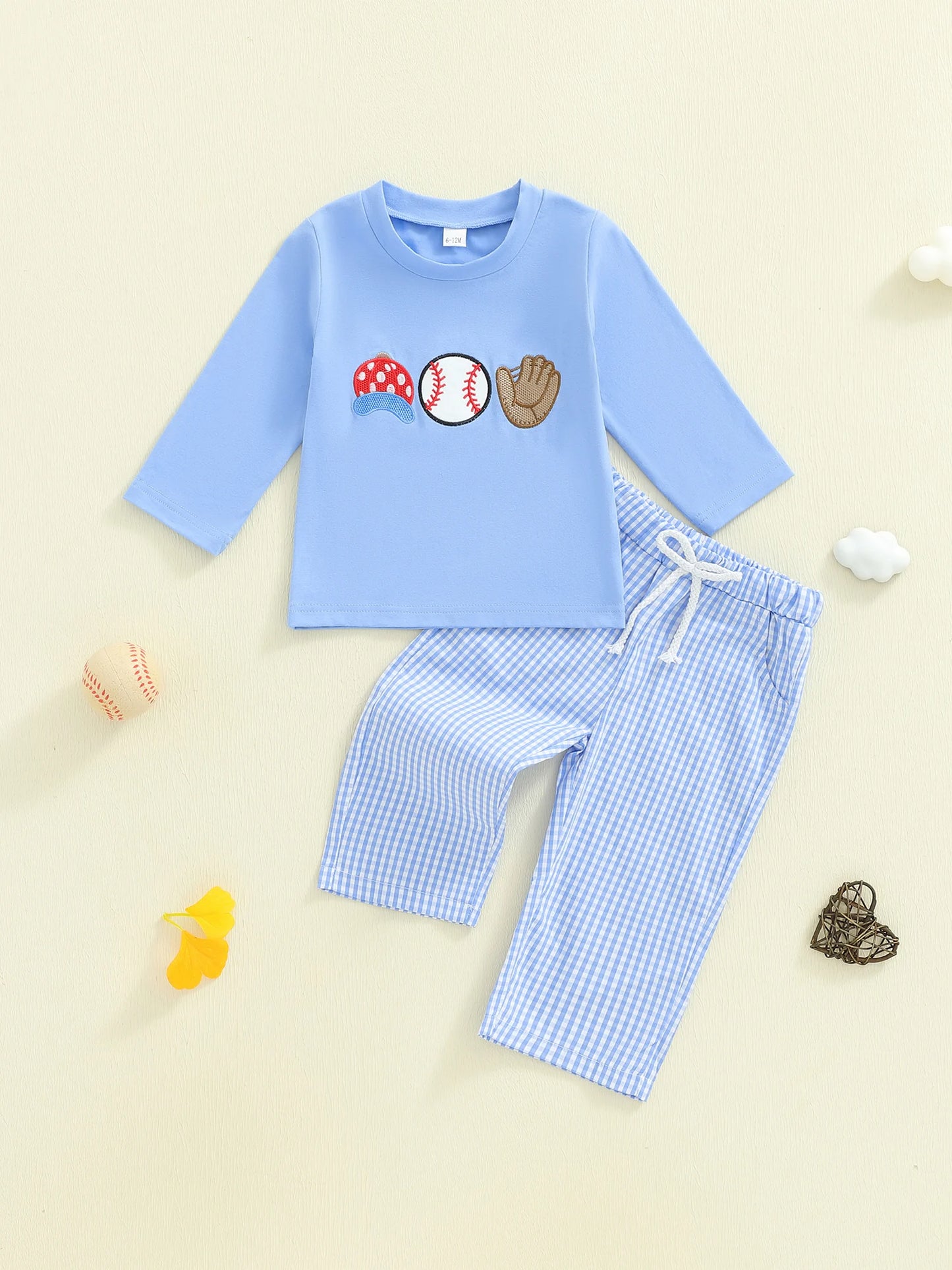 Autumn Winter Baby Boys Clothing Set - Baseball Embroidery Sweatshirt & Plaid Pants