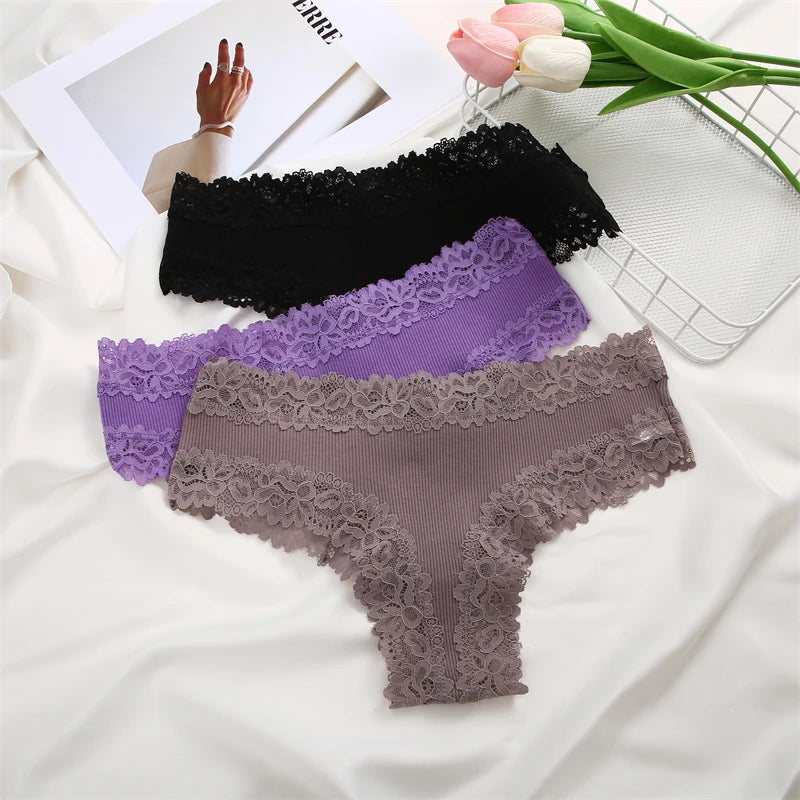 5PCS Women Cotton Lace Underwear Low Waist Briefs Breathable G-String Lingerie