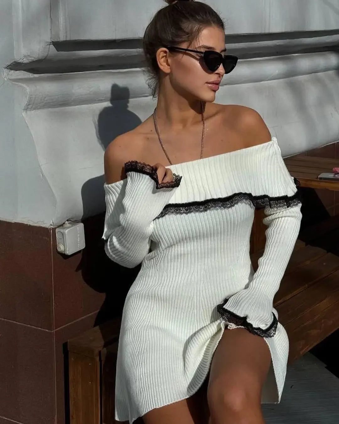 Women's Knit Off-Shoulder Sweater Mini Lace Patchwork Ribbed Slim Backless Elegant Party Knitwear Dress