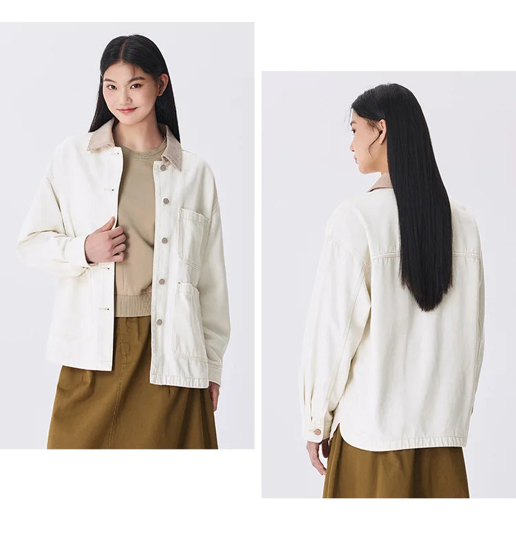 Corduroy Denim Jacket - Women's Turn Collar Loose Casual Coat
