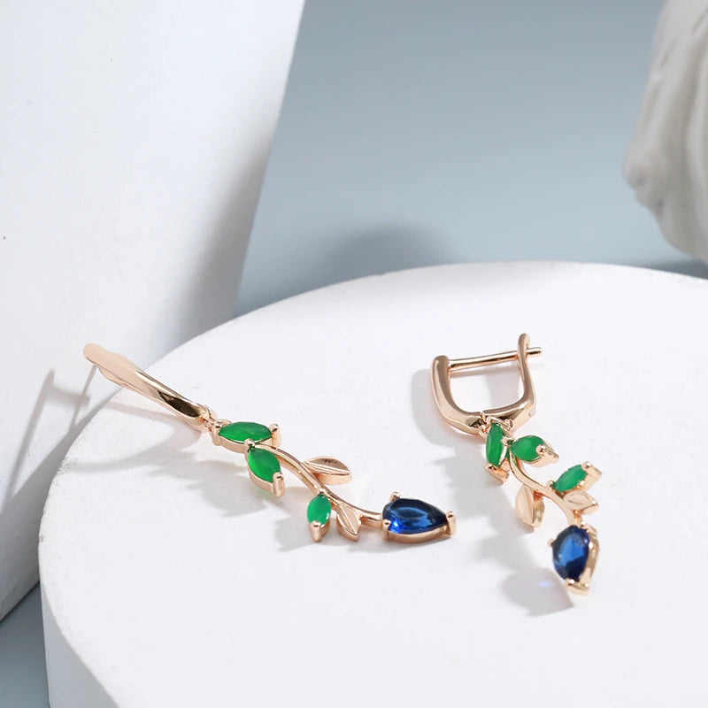 Women's 585 Rose Gold With Shiny Green Natural Zircon Long Leaf Drop Earrings